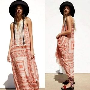 Zara Coral Red Printed Crochet Maxi Front Fringe Boho Dress Size Medium